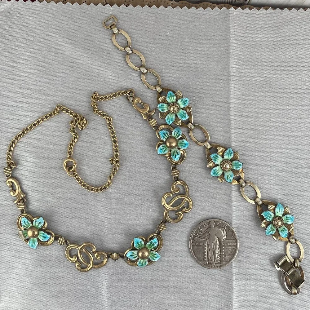 Vintage 1930s Gold Vermeil Necklace and Bracelet Guilloche Enamel Flowers - Picture 2 of 7